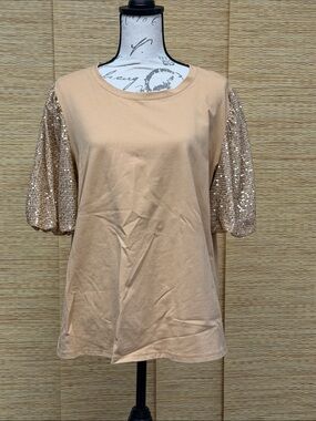 Ashley Stewart Beige Top with Sequin Puff Sleeves